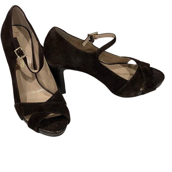 Franco Sarto Peep Toe Heels Valita Women 7M Shoes Dark Brown Suede Pump READ - Picture 11 of 16